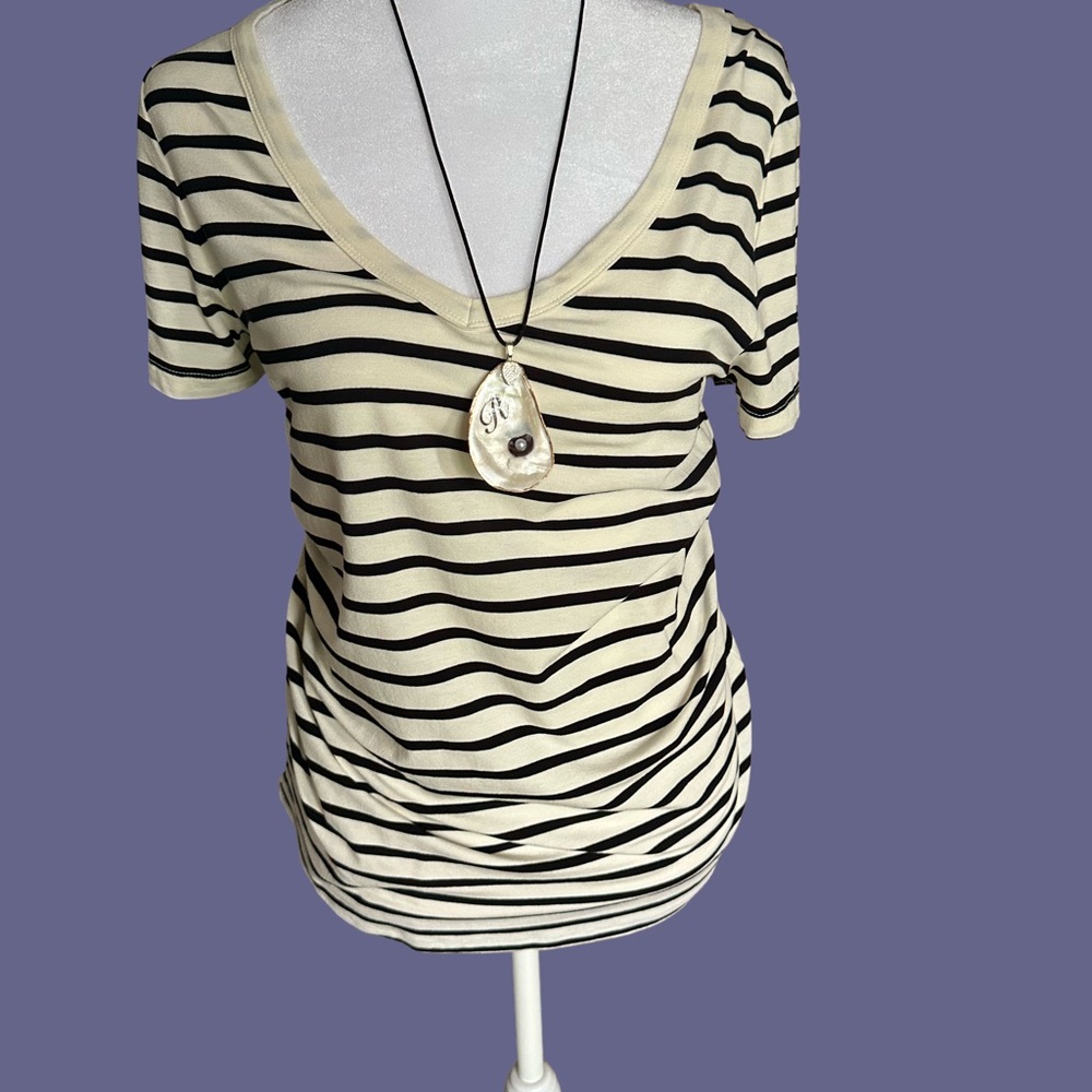 Merona Cream & Black Striped V-Neck Short Sleeve Top